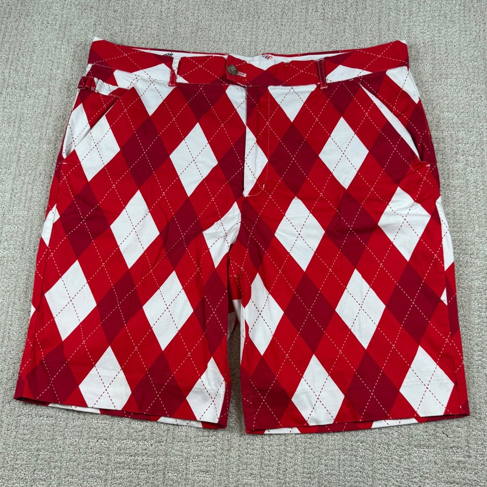 Royal & Awesome Mens 38 Red White 10" Argyle Plaid Stretch Golf Shorts
